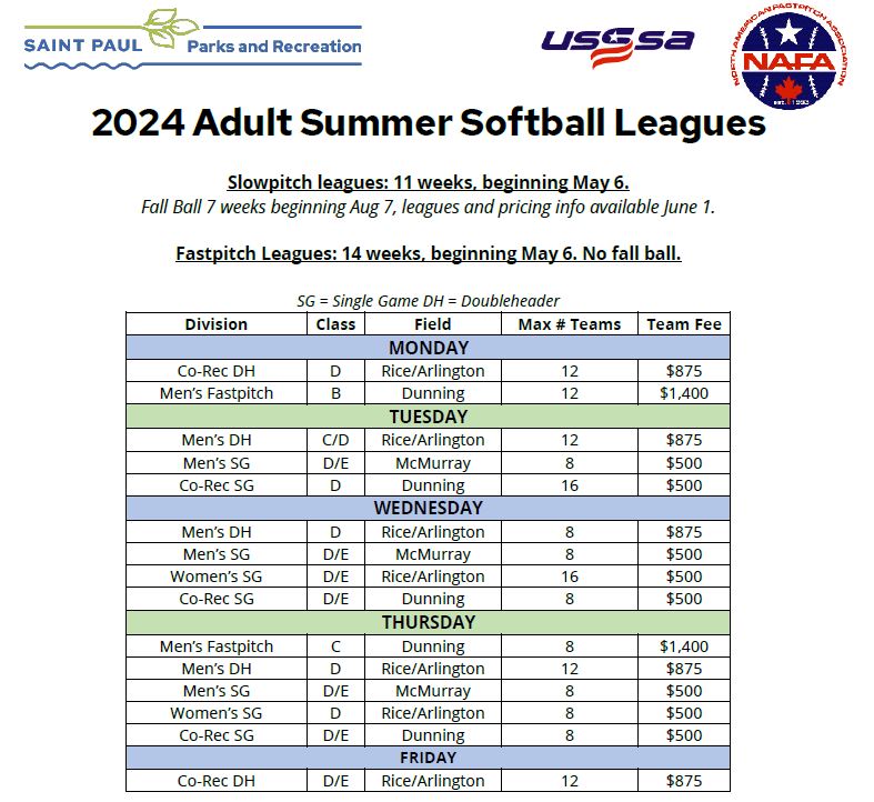 2024 Adult Softball League Offerings