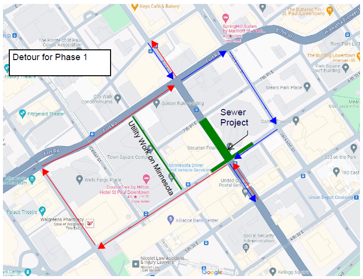 Map showing detours for closure of Robert Street north of 6th Street.