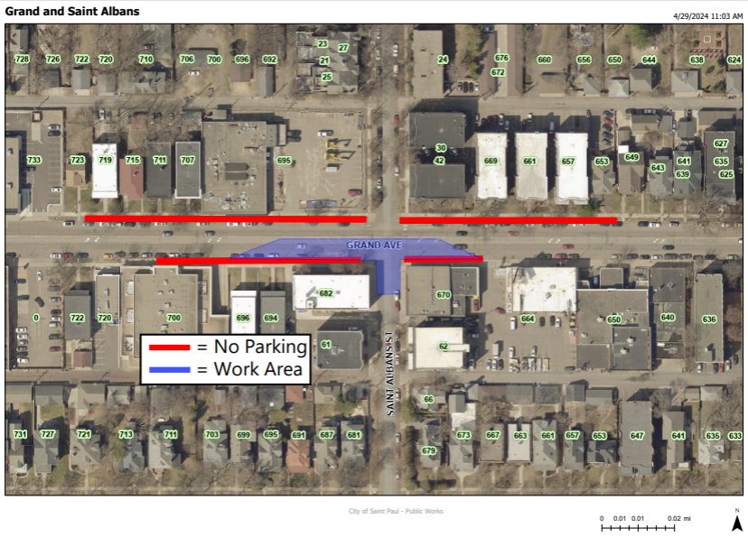 Map showing parking restrictions on Grand Avenue during construction