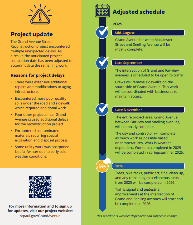 Image showing the Grand Avenue update and adjusted construction schedule August 19, 2025. Click for ADA accessible PDF.