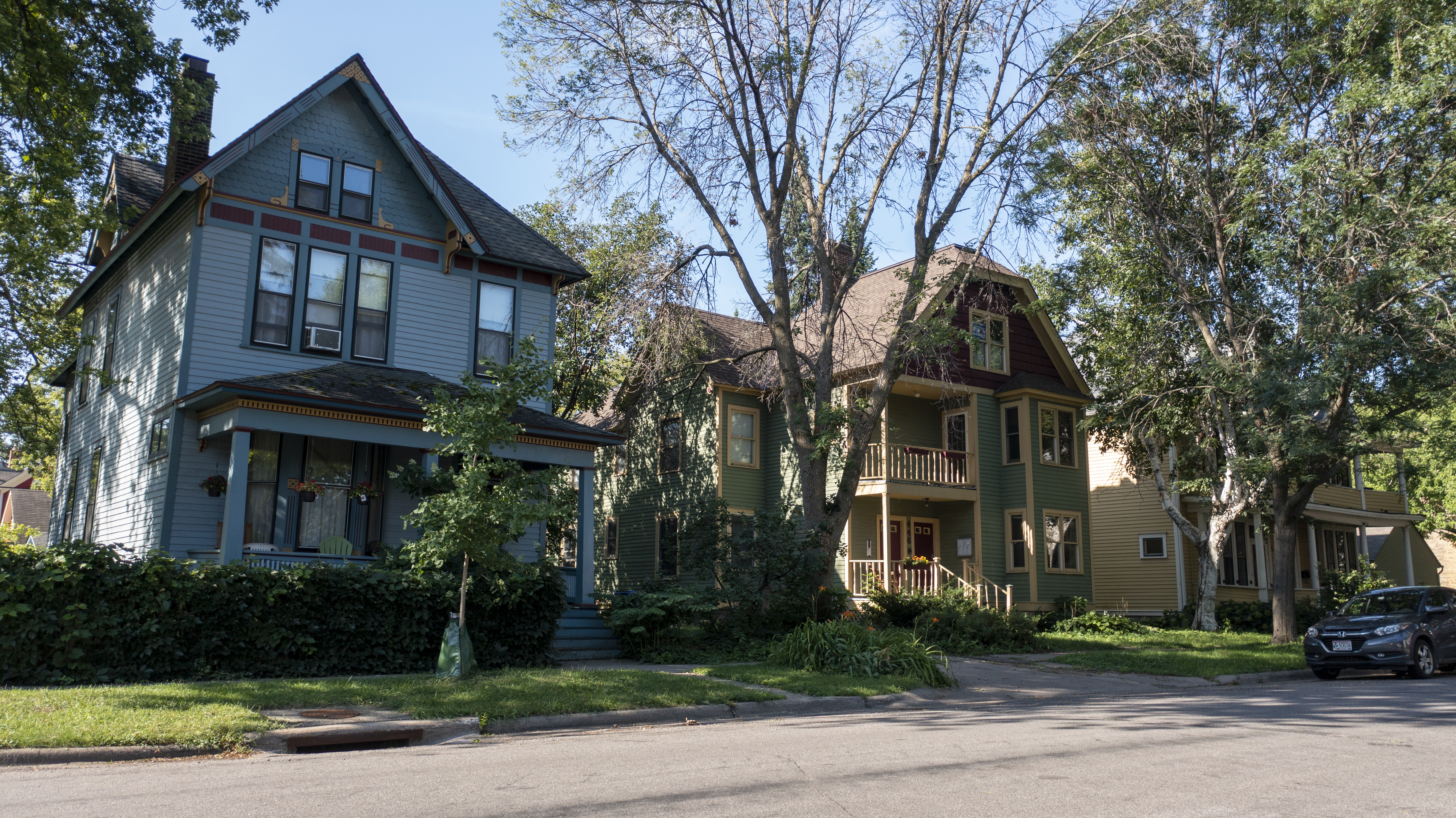 Street, curb, and boulevard, with houses in the background.