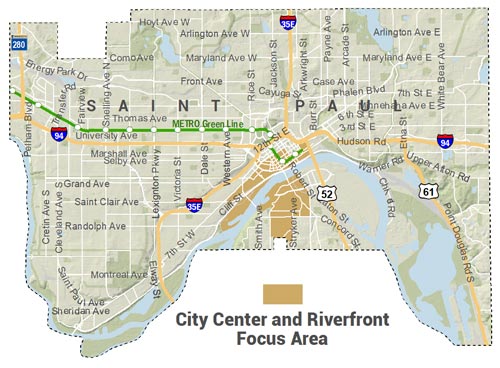 Locator Map for City Center and Riverfront Focus Area - including West Seventh riverward of 7th St from Saint Clair north, downtown generally riverward of 7th with some exceptions, and West Side from Robert/Stryker to Smith to City Limits