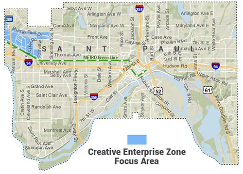 Map showing location of Creative Enterprise Zone, which is focused on western edge of city between roughly University Avenue, Transfer Road, and areas on either side of Energy Park Drive to the western city border.