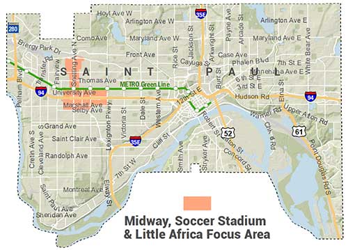 Locator Map showing Midway, Soccer Stadium &amp; Little Africa Focus Area: Roughly Selby to University Ave, Aldine to Lexington, along with two blocks on either side of Snelling from University to Pierce Butler Route