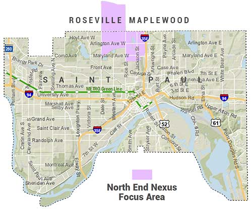 Locator Map showing North End Nexus Focus Area: Extending in Saint Paul from roughly Maryland to Larpenteur, Dale to I-35E, and in Roseville from roughly Larpentuer to MN-36 and Dale to Rice