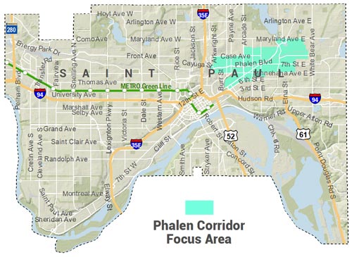 Phalen Corridor Focus Area Map - Straddles Phalen Corridor from roughly Payne Avenue to past Phalen Village, including East 7th area and Hamm's Brewery.