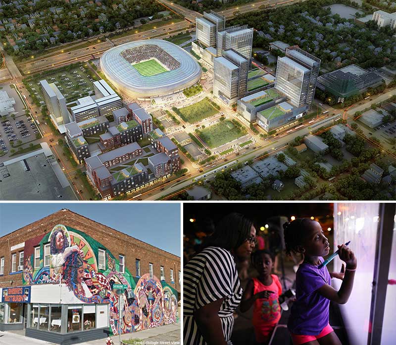 Aerial rendering of Soccer Stadium Site Plan, and photos of mural at Sherburne &amp; Snelling, and girl in Little Africa