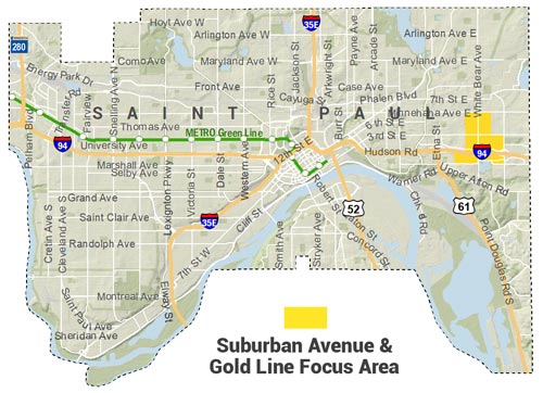 Locator Map for Suburban Avenue &amp; Gold Line Focus Area, which centers on White Bear Avenue &amp; I-94 intersection