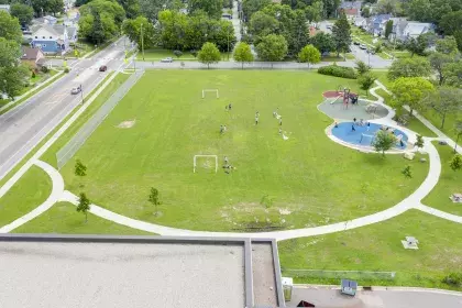 Bird's eye view of Arlington Hills Community Center fields and playground