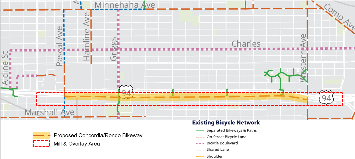 Map showing the proposed bikeway on Concordia Avenue from Pascal to Western with connections to existing bikeways.