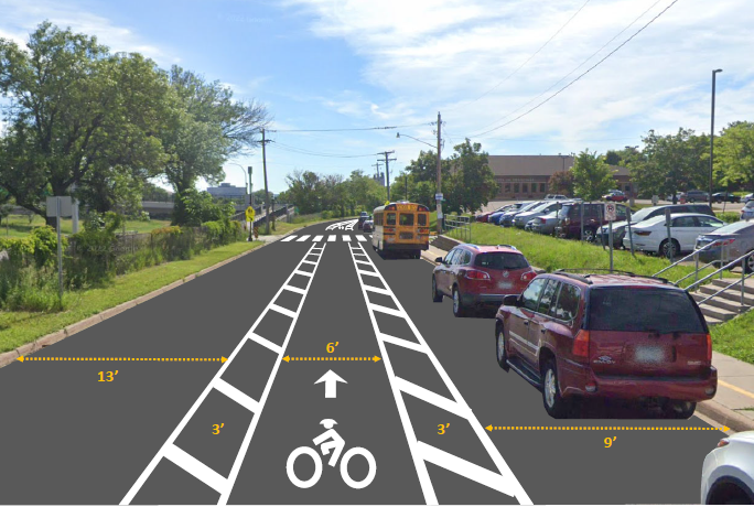 Proposed configuration of Concordia Avenue - vehicle travel lane, buffered bike lane, and parking