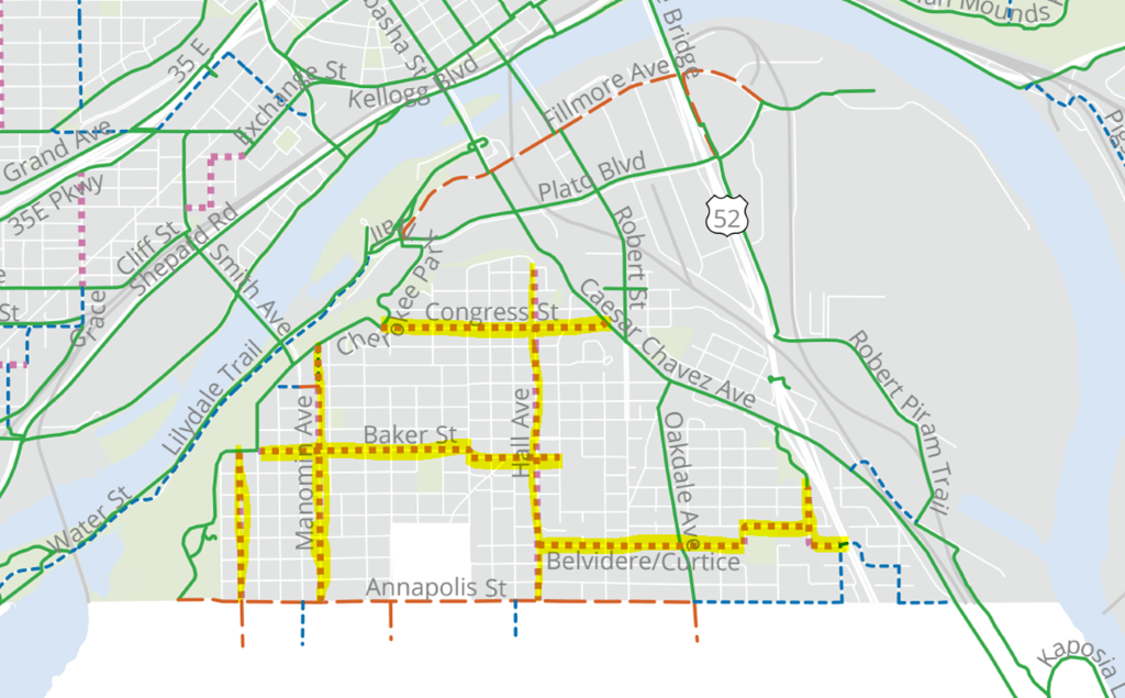 Map showing planned bike boulevards on the West Side of Saint Paul