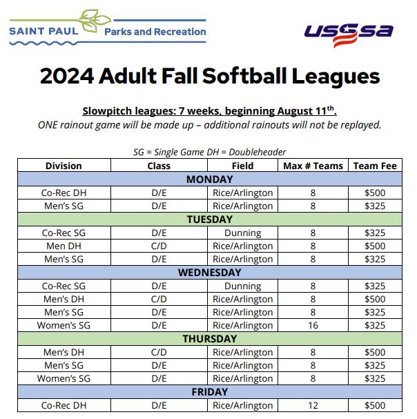 2024 Adult Fall Softball League Offerings