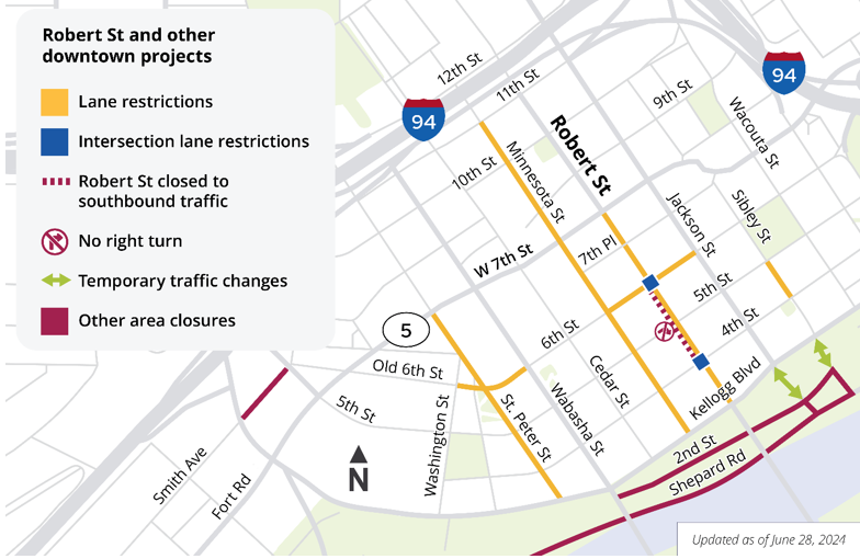 Map showing road closures downtown St Paul for 6.28.24