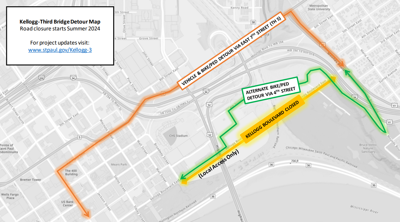 Map showing the detour routes for when the Kellogg-3rd Street bridge is closed in Saint Paul