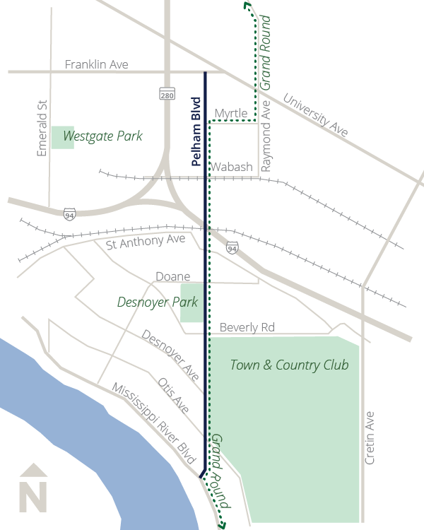 Graphic image showing the extents of the Pelham Blvd reconstruction and surrounding streets, parks, and Mississippi River.