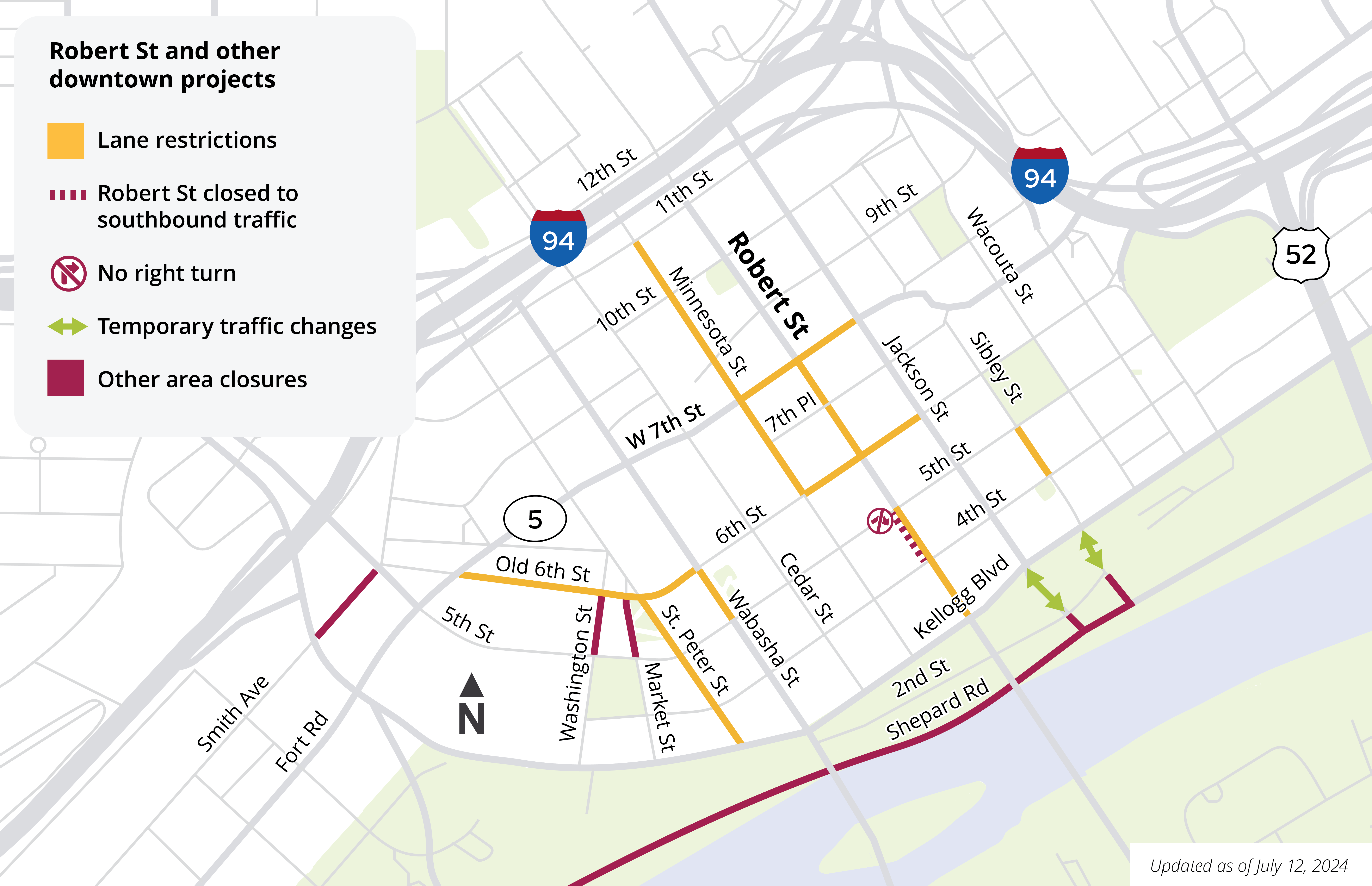 Map showing road and lane closures in downtown Saint Paul 2024