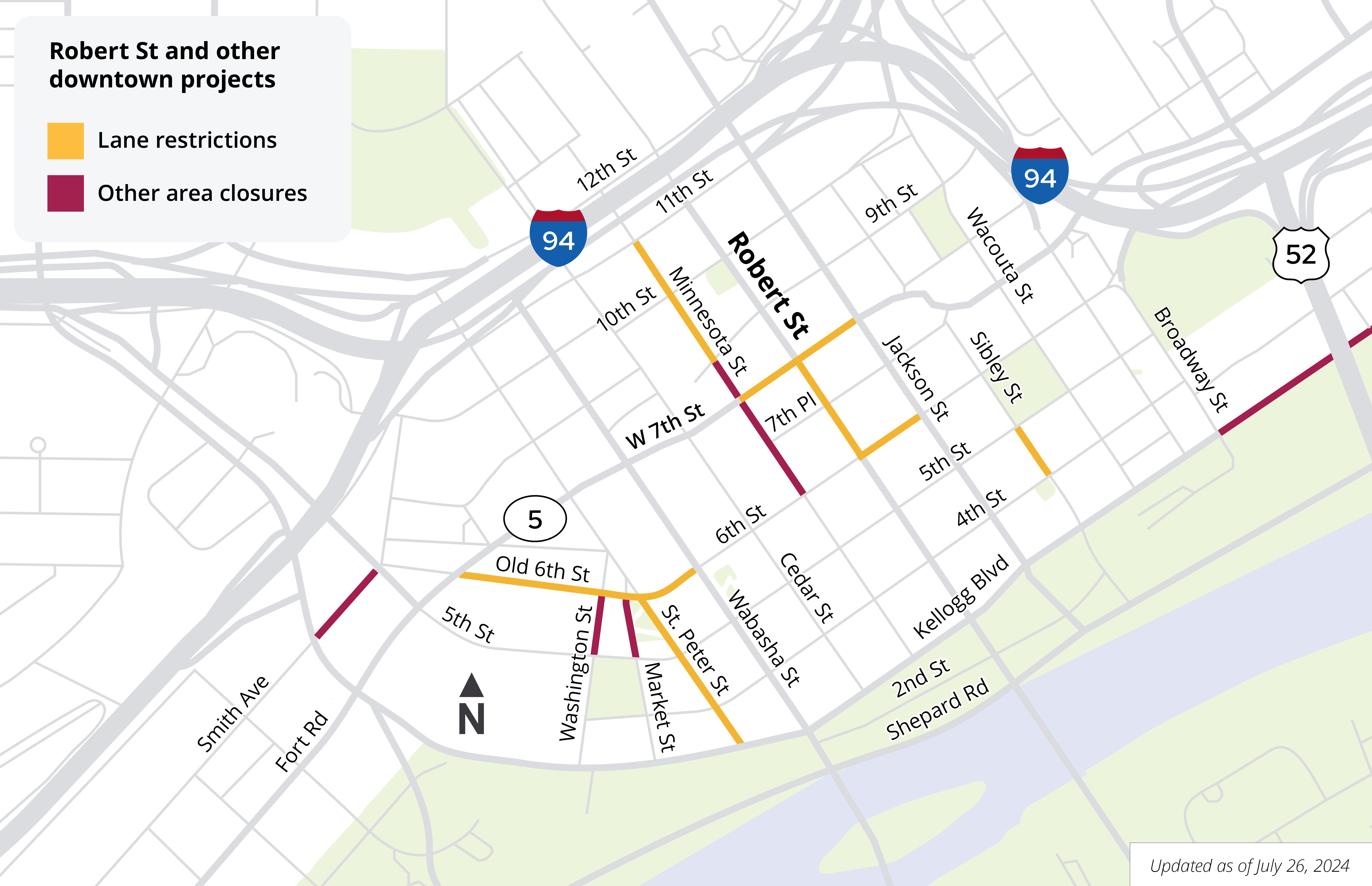Map showing road and lane closures in downtown Saint Paul July 26, 2024