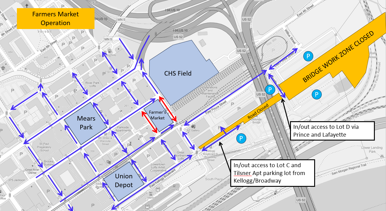 Map showing access to parking lots in Lowertown during Farmers Market and Kellogg-3rd Street bridge construction
