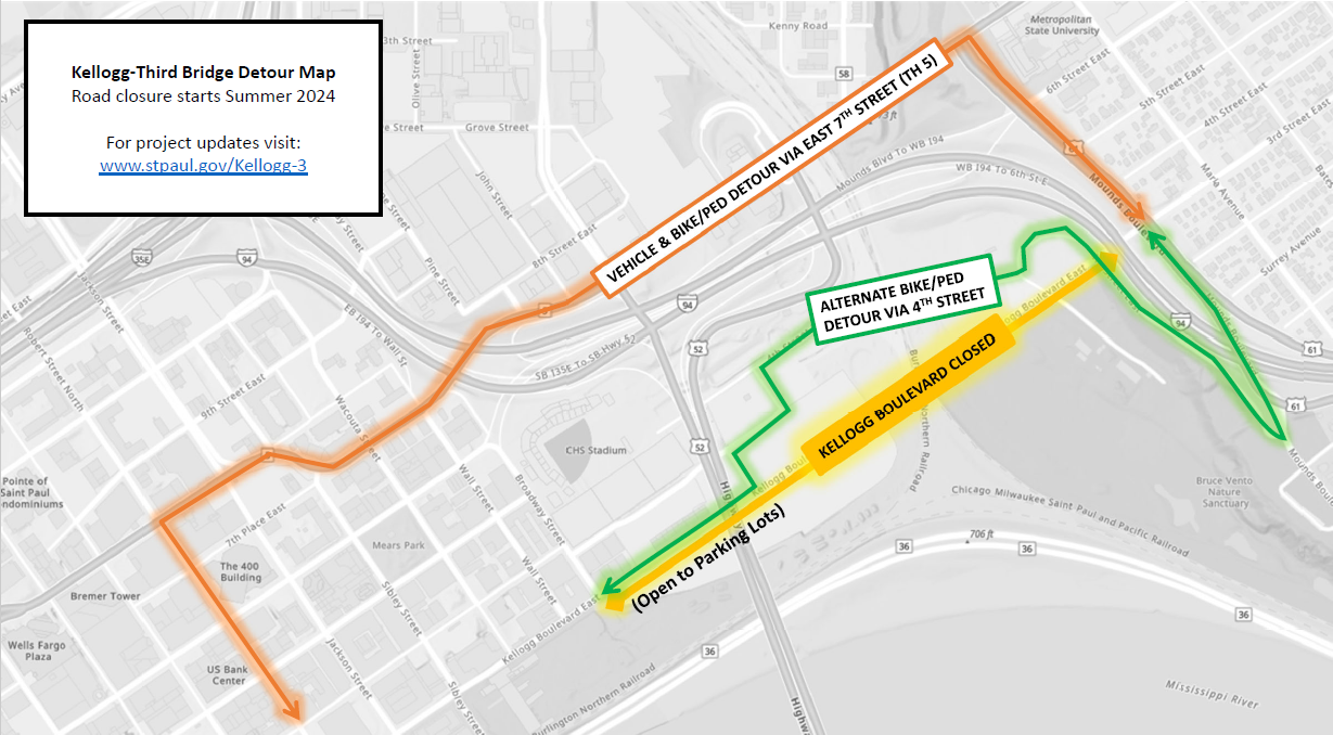 Map showing detour routes for Kellogg-3rd Street bridge closure in downtown Saint Paul 2024