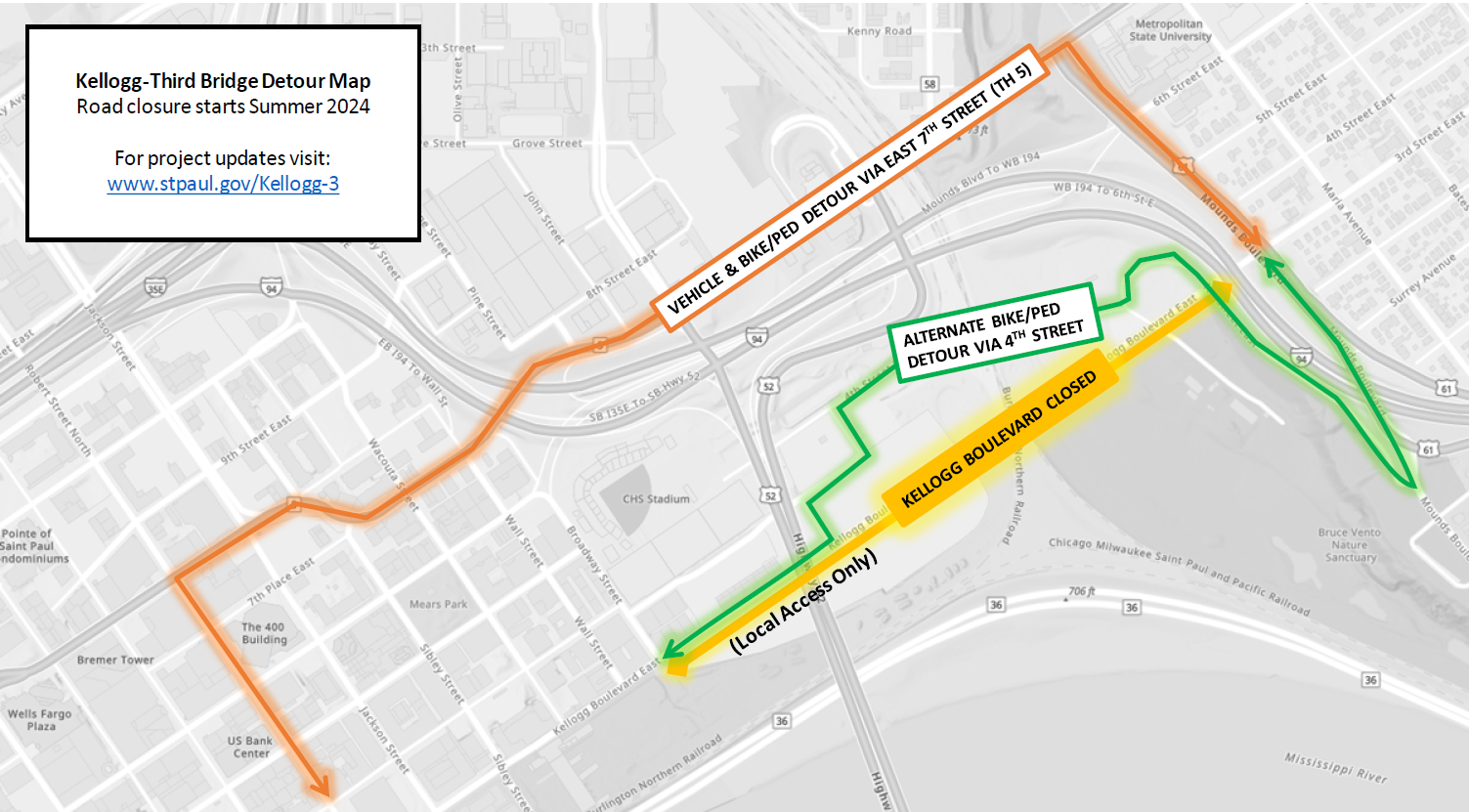 Map showing detours for closure of Kellogg-3rd Street Bridge