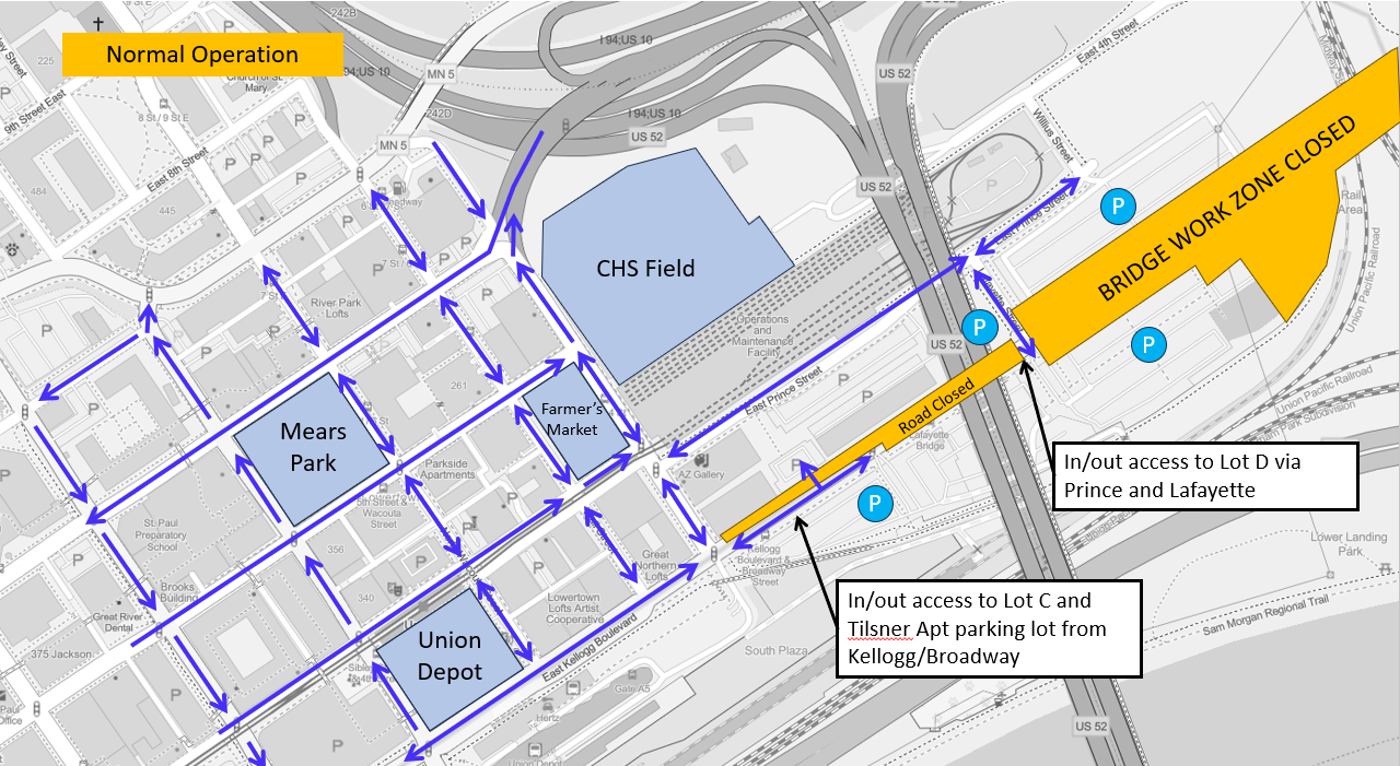 Map showing access to parking lots in Lowertown during Kellogg-3rd Street bridge construction