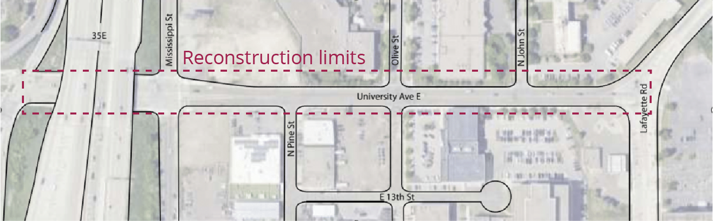 Graphic of map showing the extents of the reconstruction of University from I-35E to Lafayette Road.