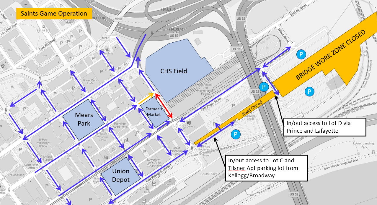 Map showing access to parking lots in Lowertown during Saints games and Kellogg-3rd Street bridge construction