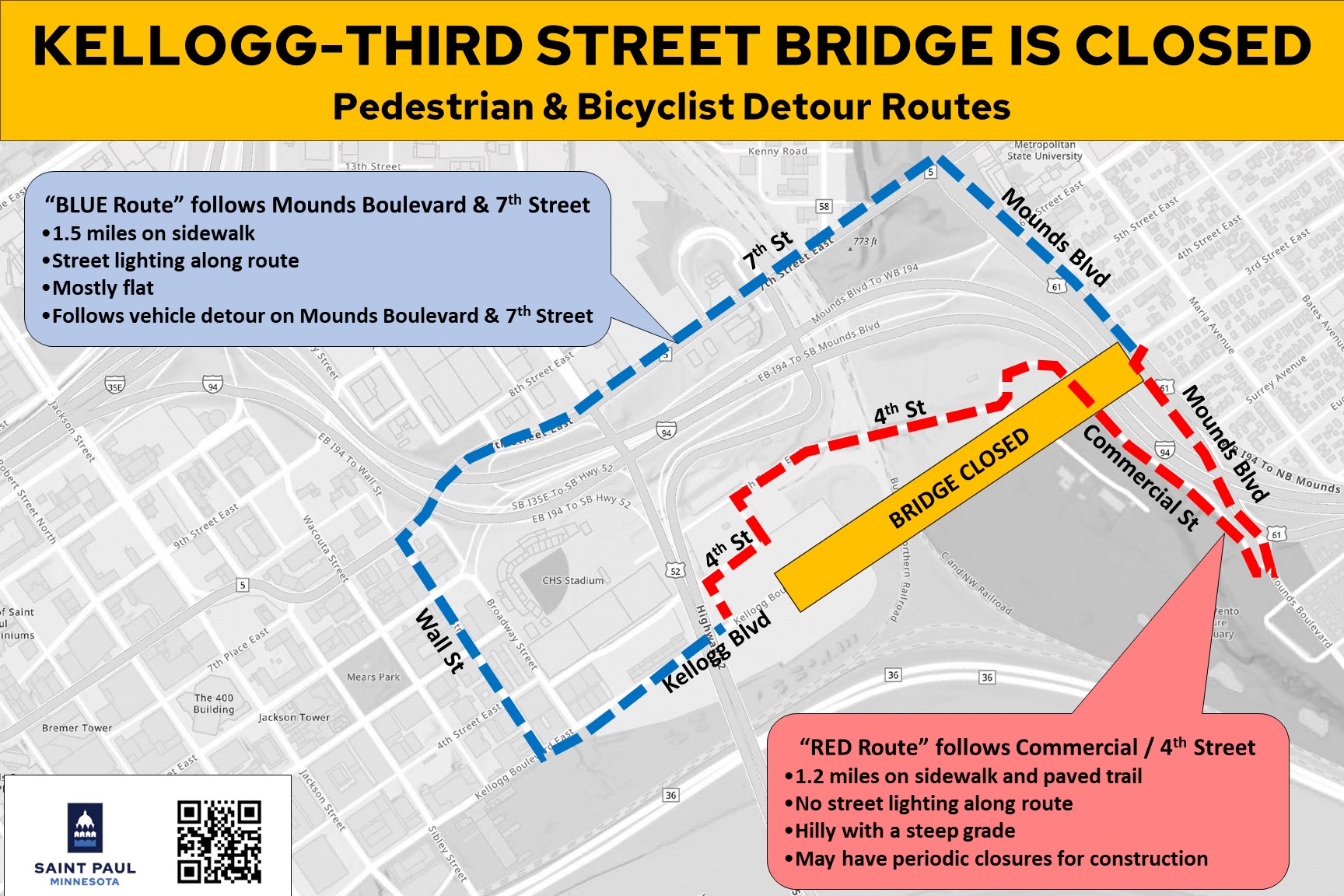 Map of two pedestrian detour routes