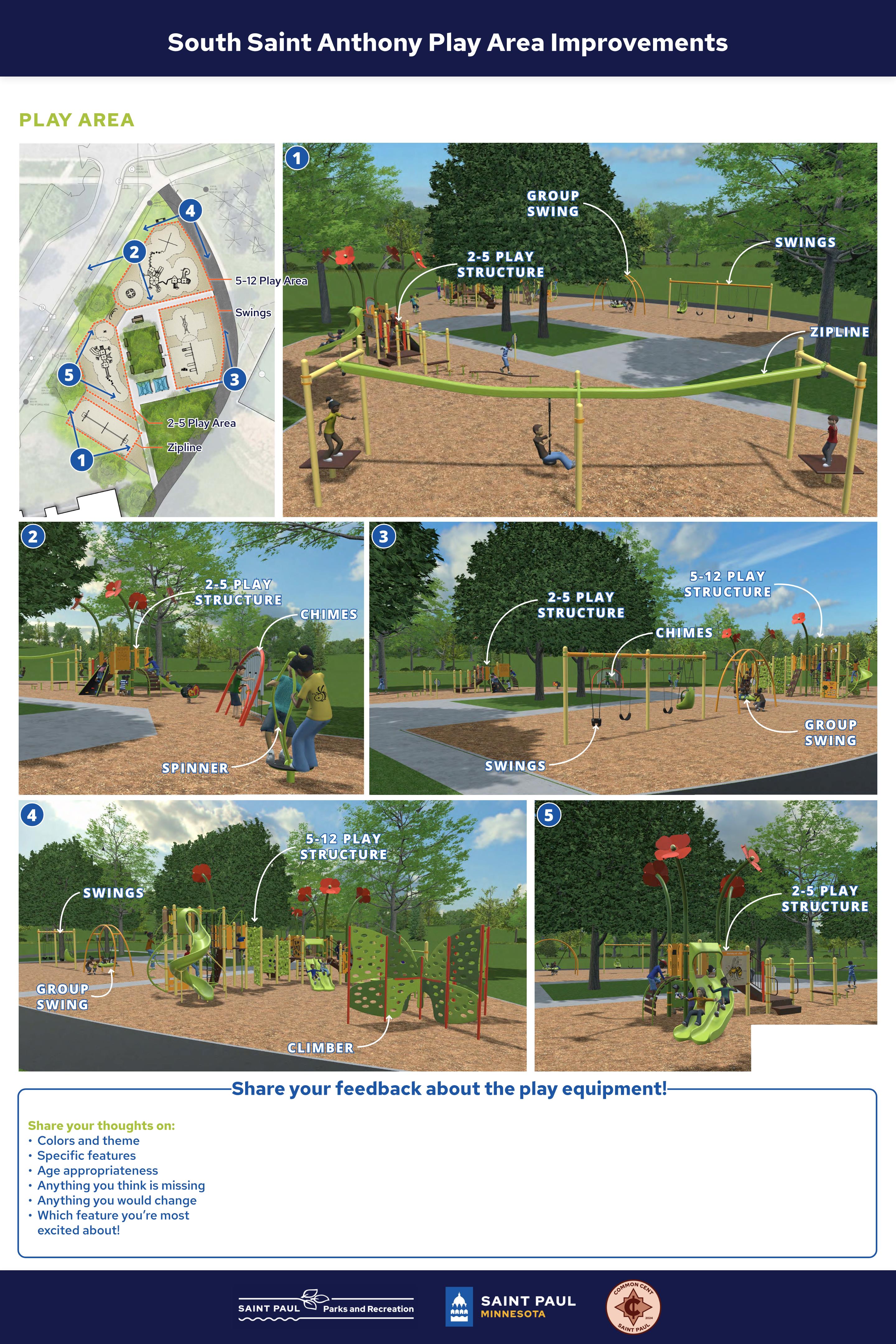 Images of potential new play equipment at the South St. Anthony Park play area