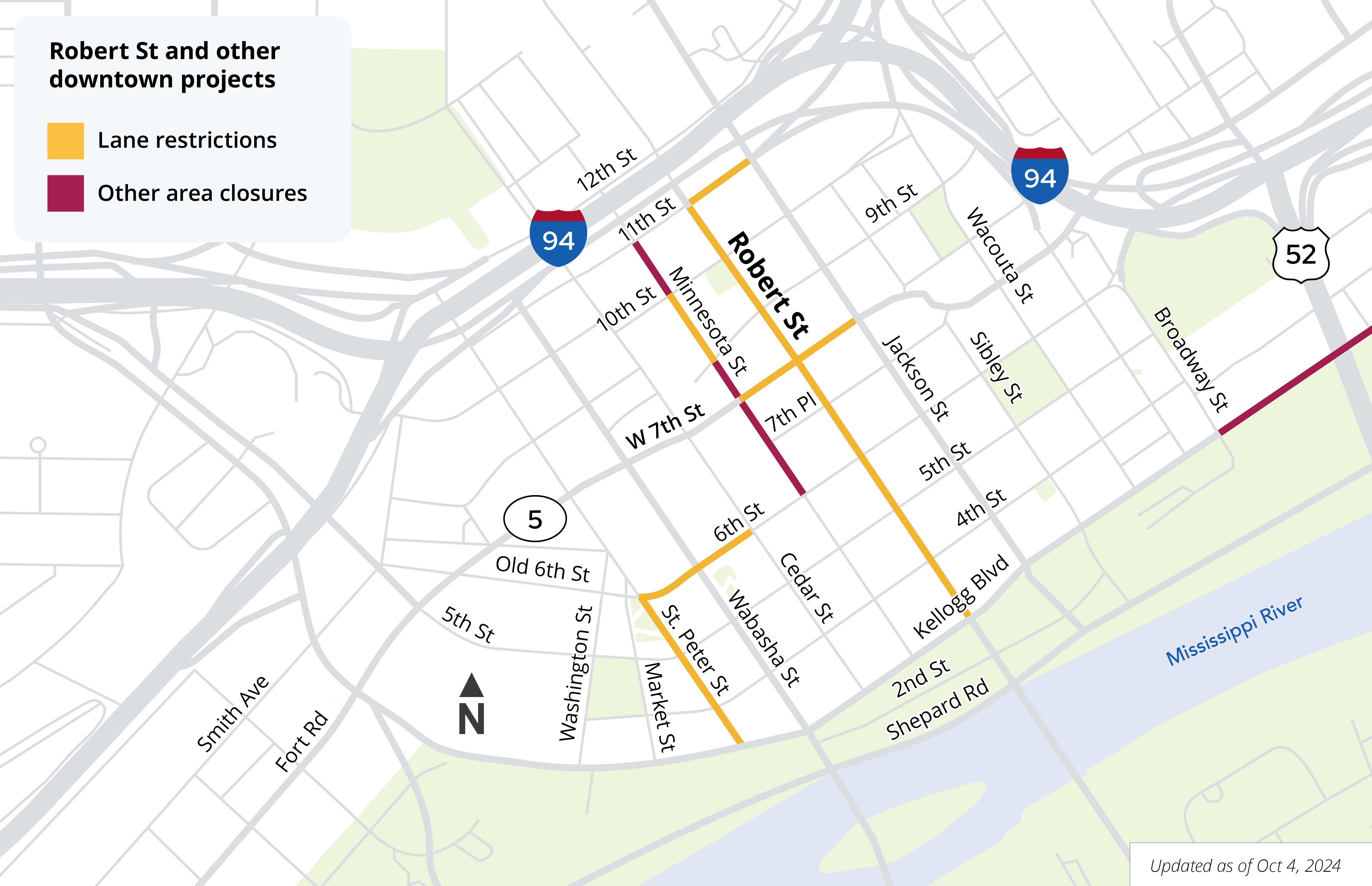 Map showing road closures and lane restrictions in downtown Saint Paul October 4, 2024