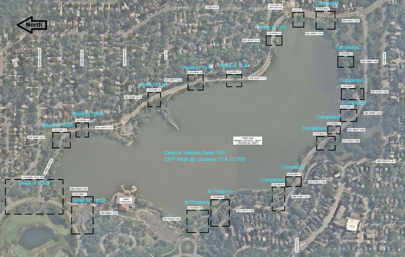 Map showing storm sewer repair sites around Como Lake with status and construction schedule