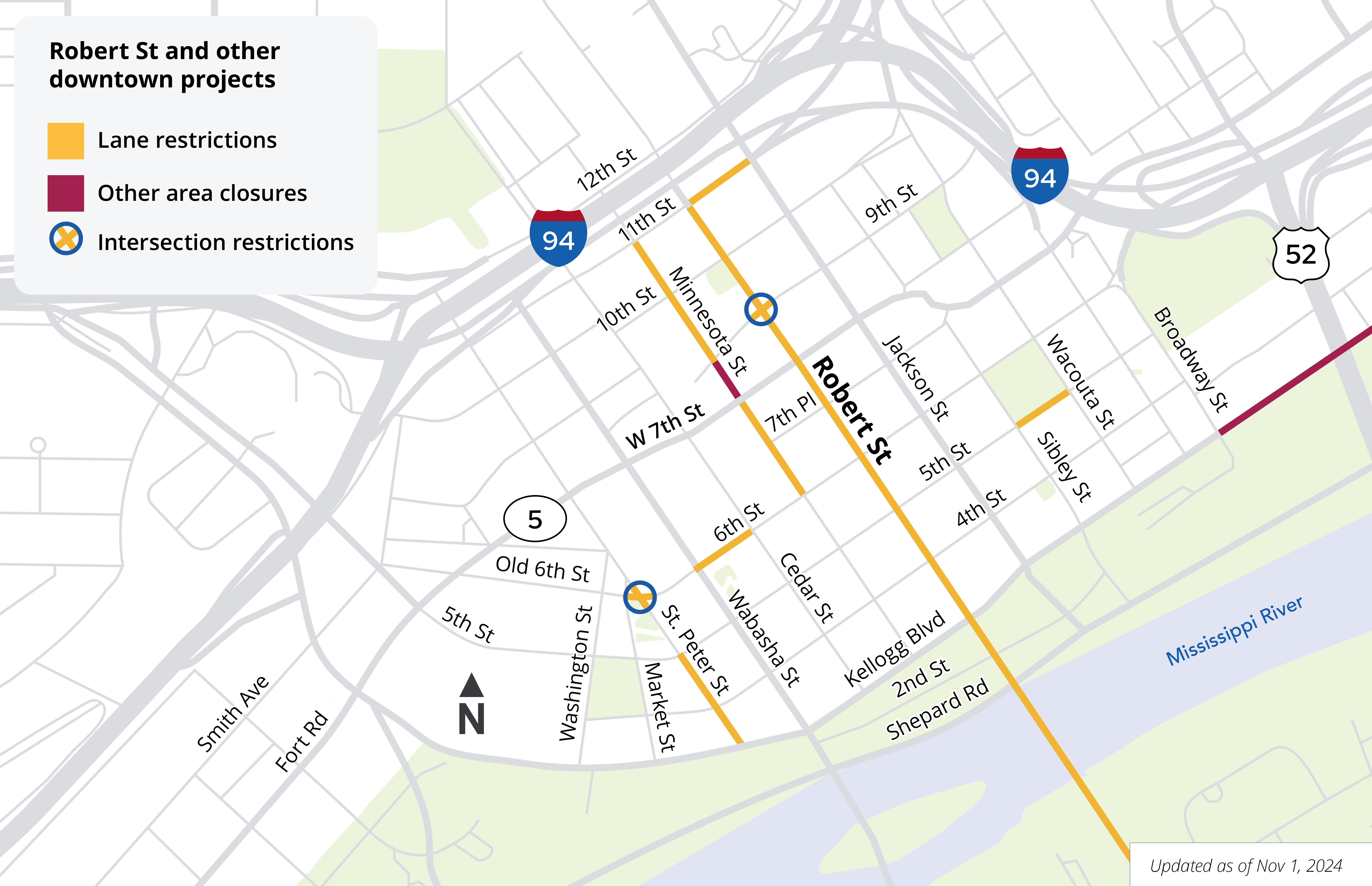 Map showing road closures and lane restrictions in downtown Saint Paul November 1, 2024