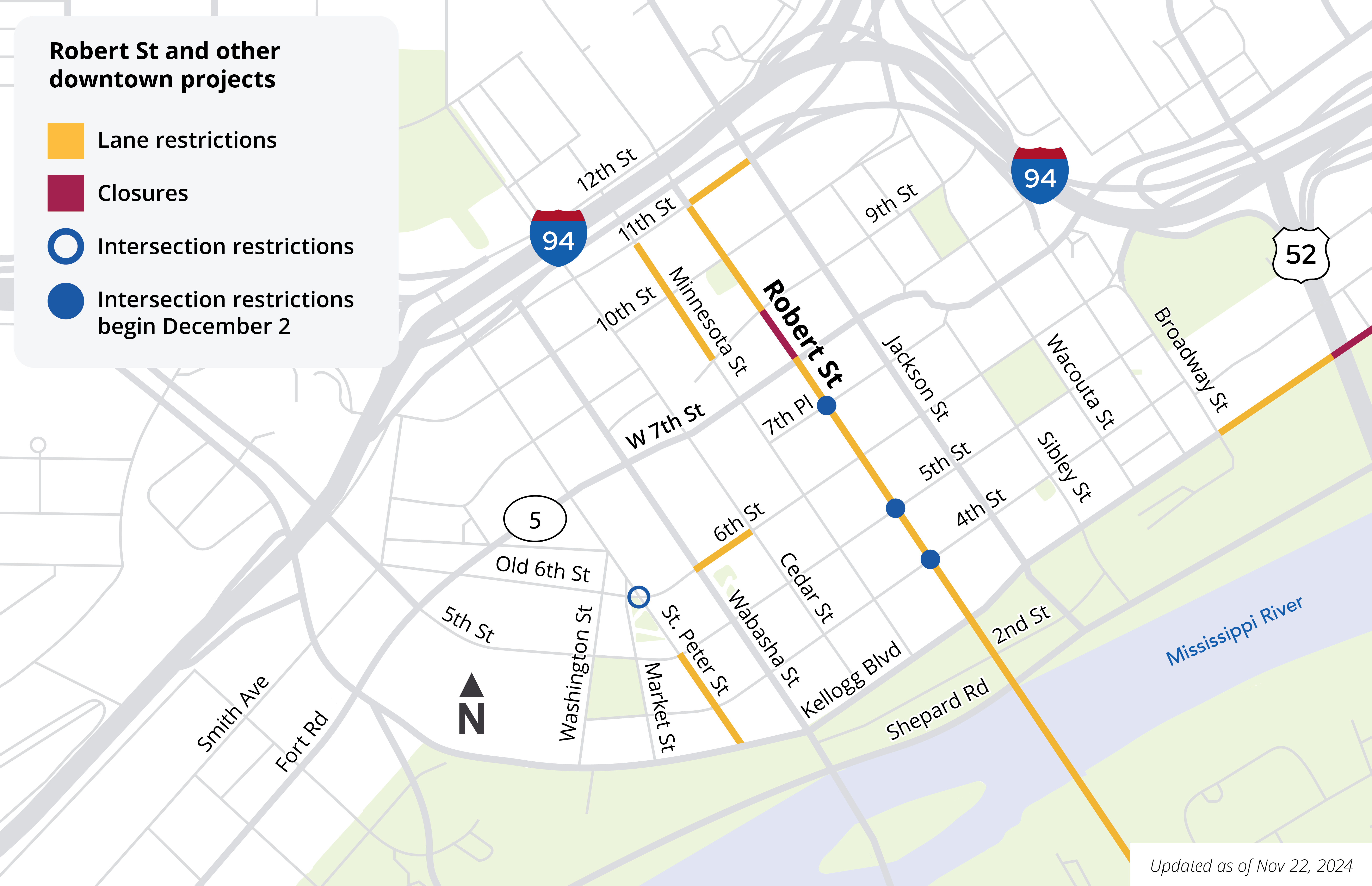 Map showing road closures and lane restrictions in downtown Saint Paul November 22, 2024