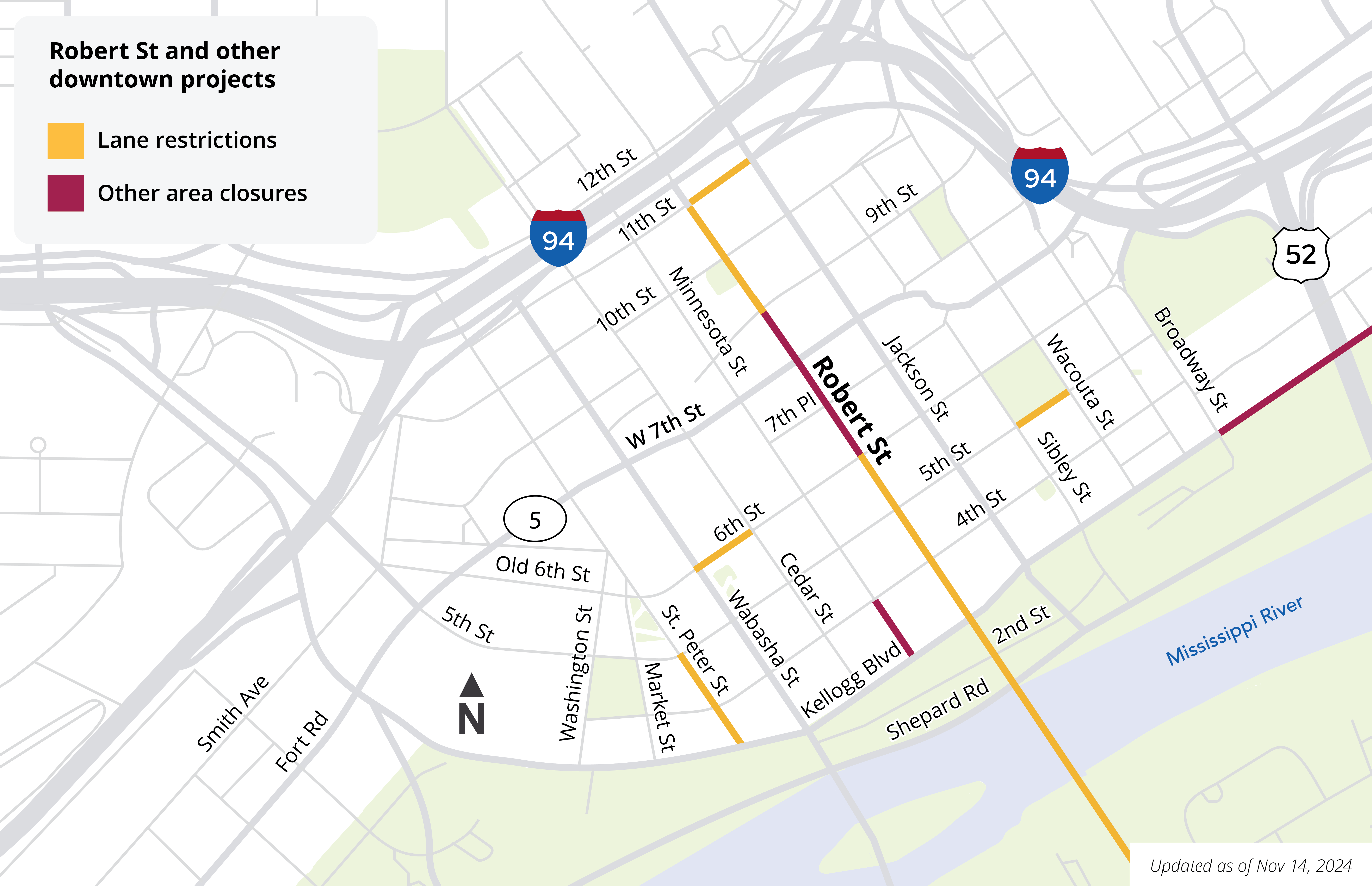 Map showing road closures and lane restrictions in downtown Saint Paul November 15, 2024