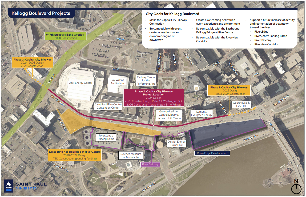 Map showing future projects on Kellogg Boulevard between 7th Street and Wabasha in Saint Paul