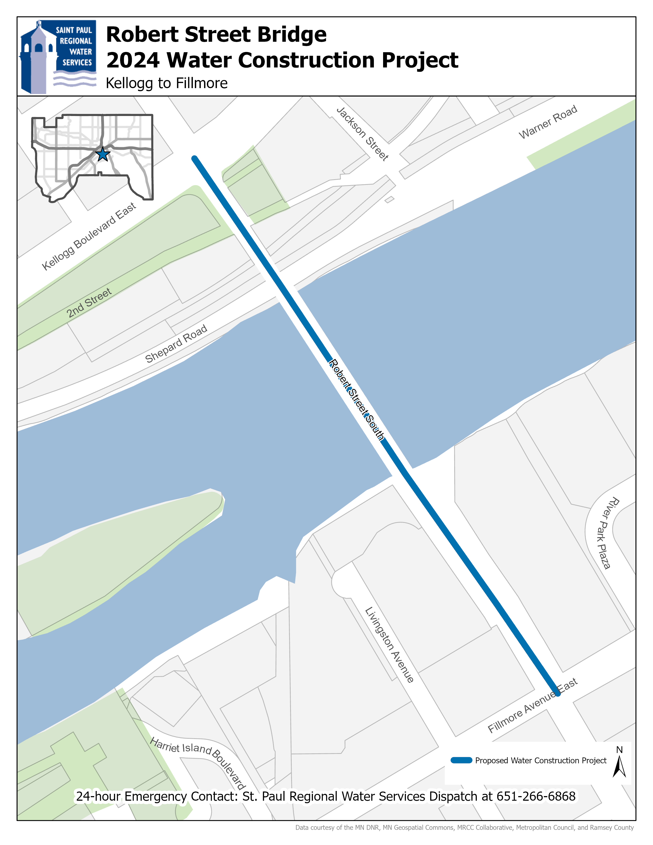 Map of Robert Street bridge water main construction project