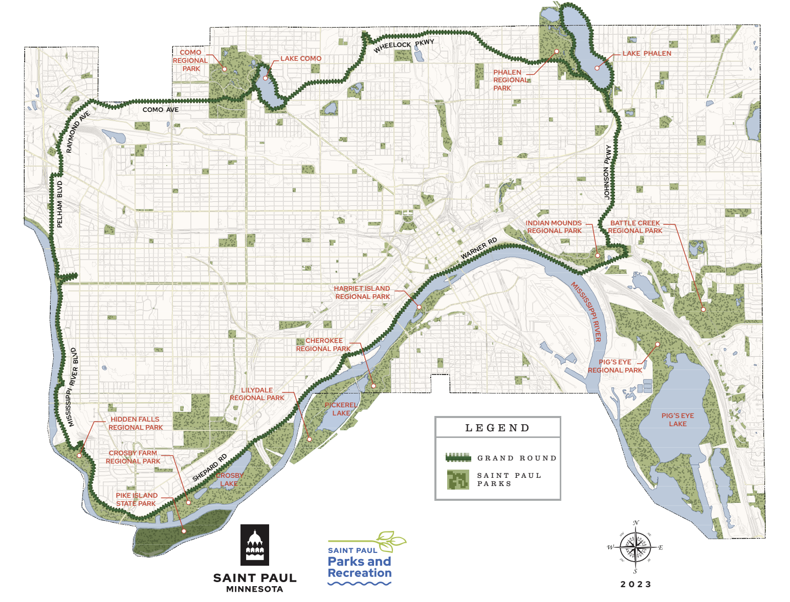 Bike route outlined circumscribing most of Saint Paul, going along Mississippi River, up to Como and Phalen Regional Parks, and back down to Mounds Park.