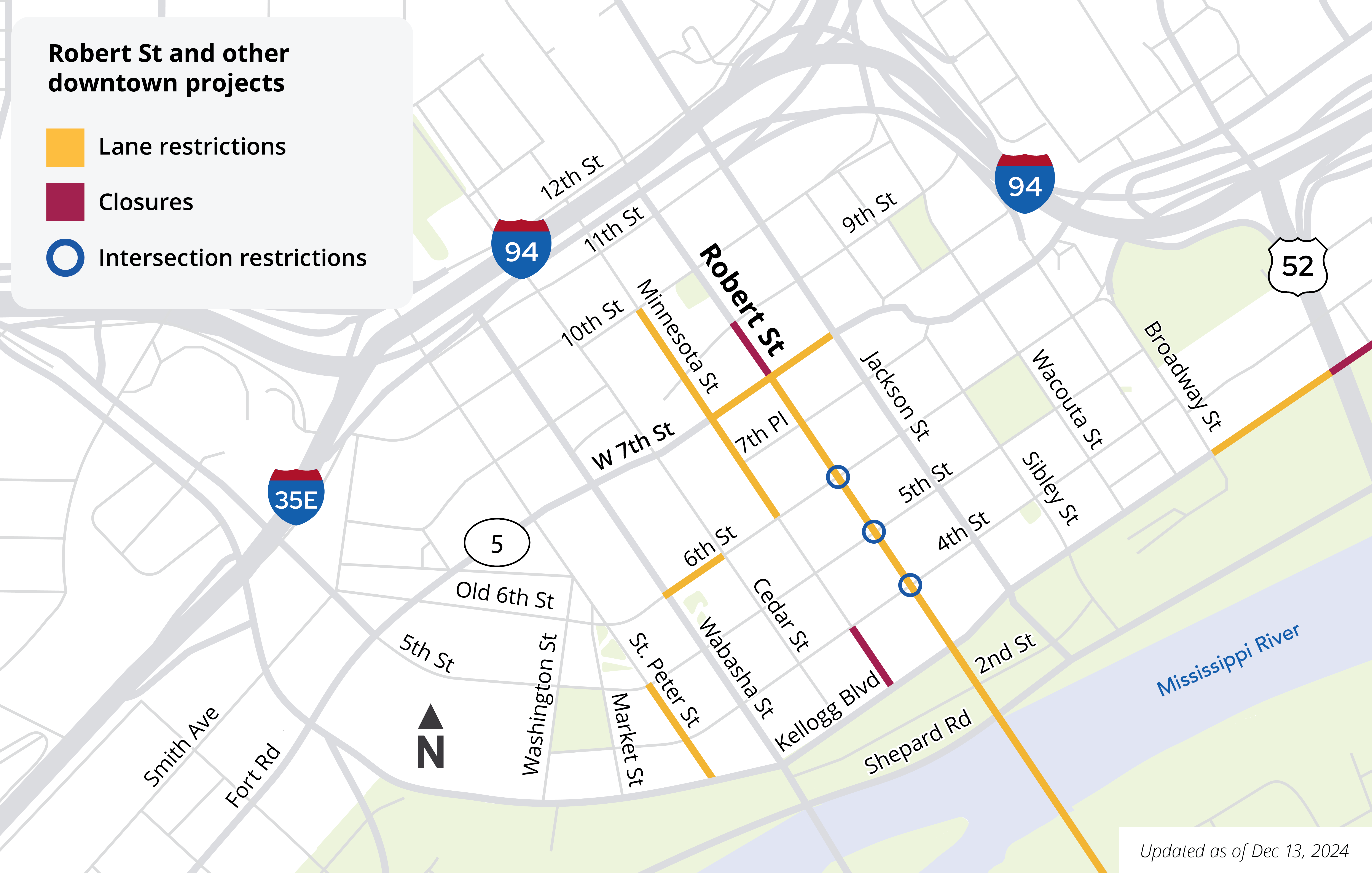 Map showing road closures and lane restrictions in downtown Saint Paul December 13, 2024