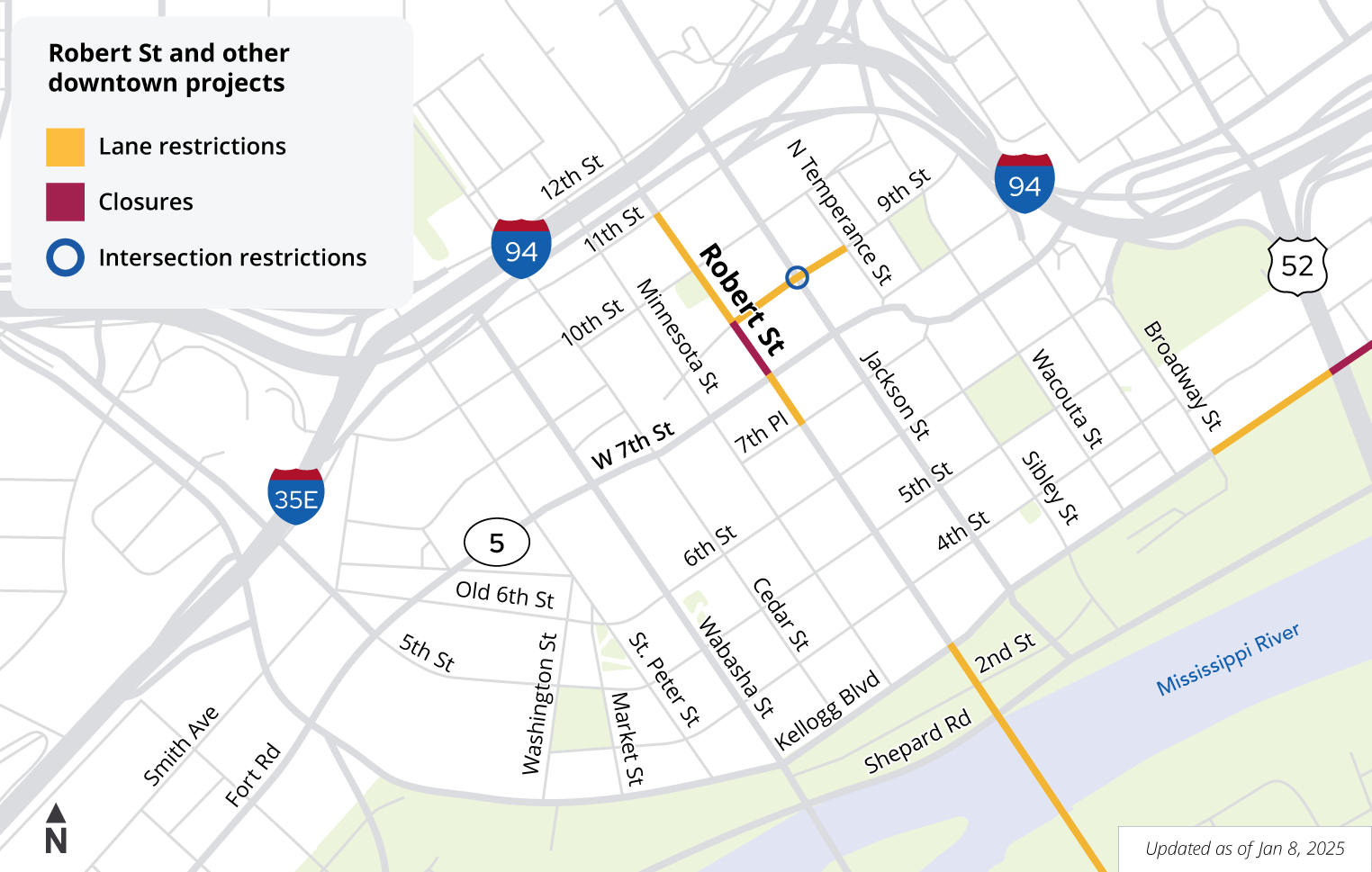 Map showing road closures and lane restrictions in downtown Saint Paul January 10, 2025