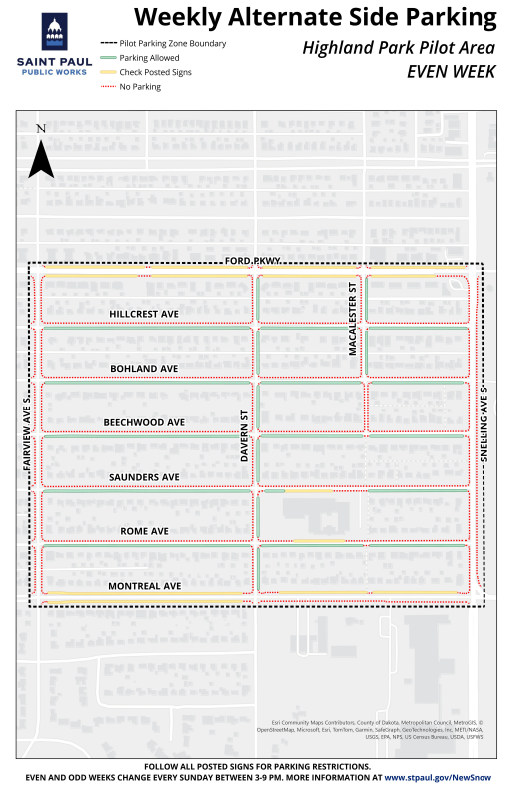 Map showing the EVEN side parking for Highland Park pilot