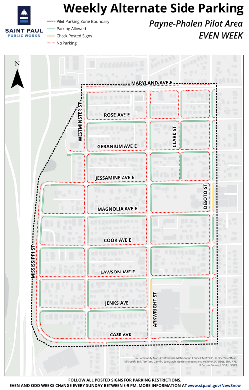 Map showing the EVEN side parking for Payne-Phalen pilot