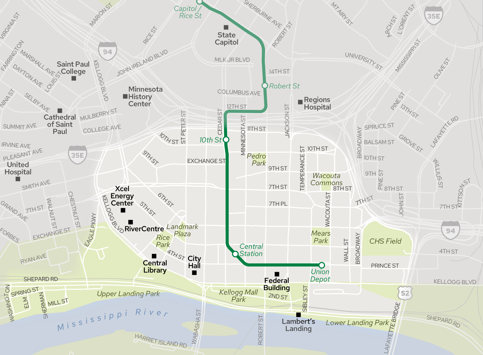 Map showing the Downtown Mobility Plan area including downtown Saint Paul and surrounding