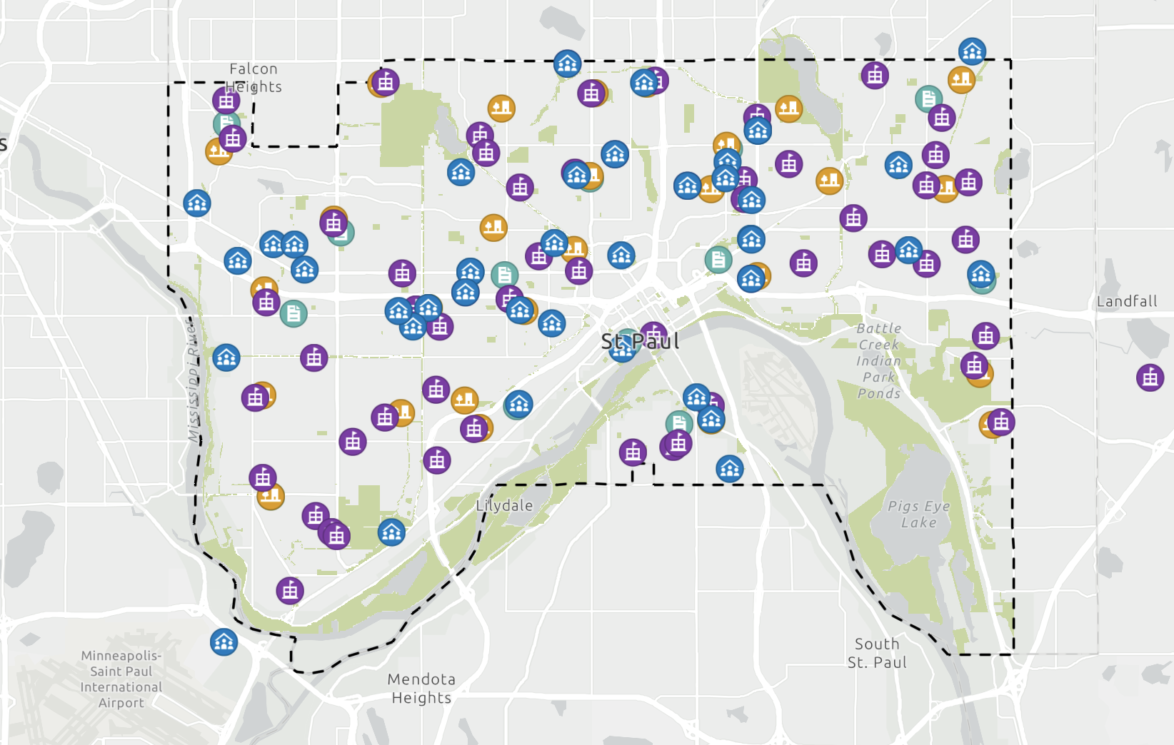 Map of program locations in Saint Paul with icons denoting different programs