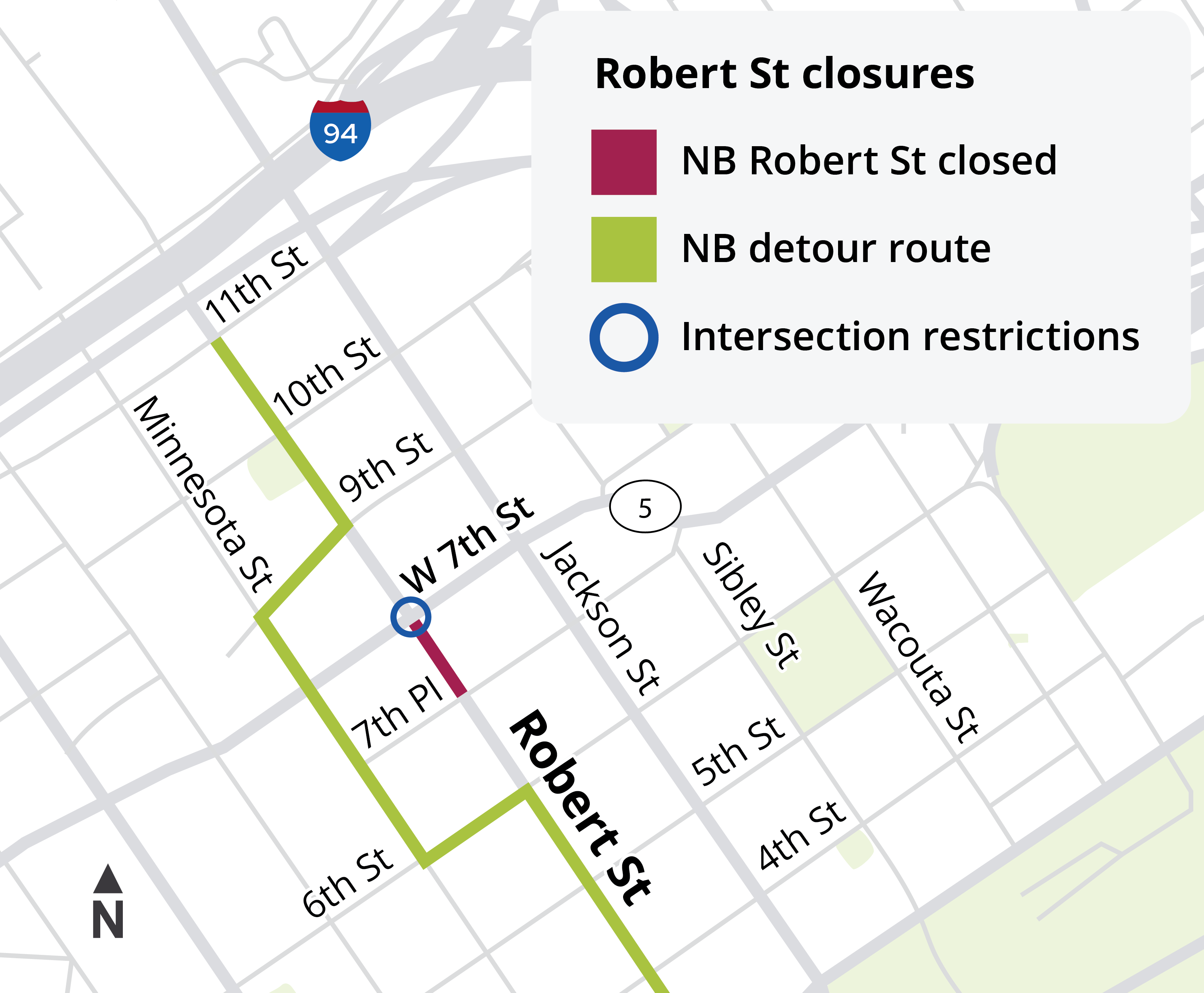 Image of detour map for Robert Street downtown St. Paul