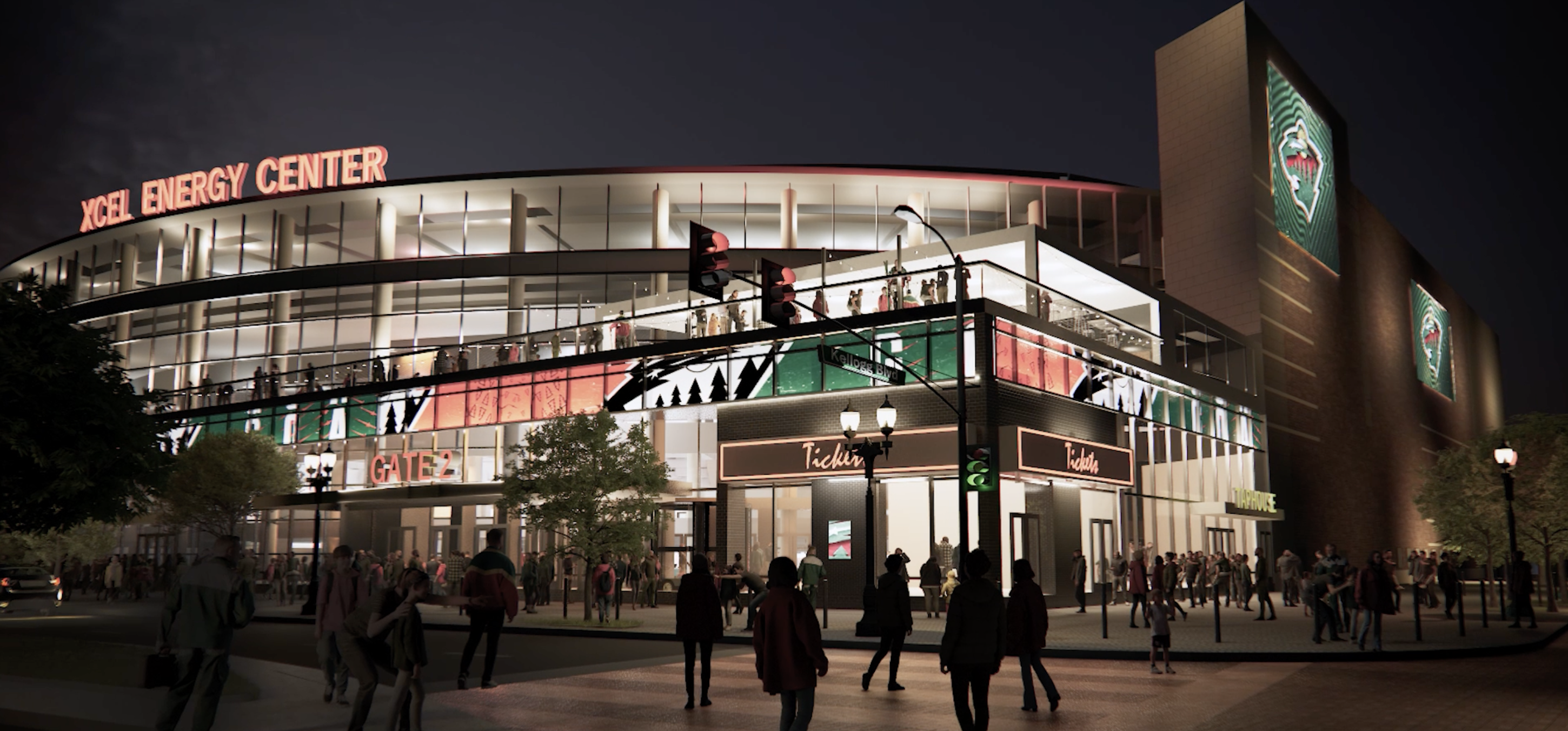 Rendering of a renovated Xcel Energy Center Arena at night