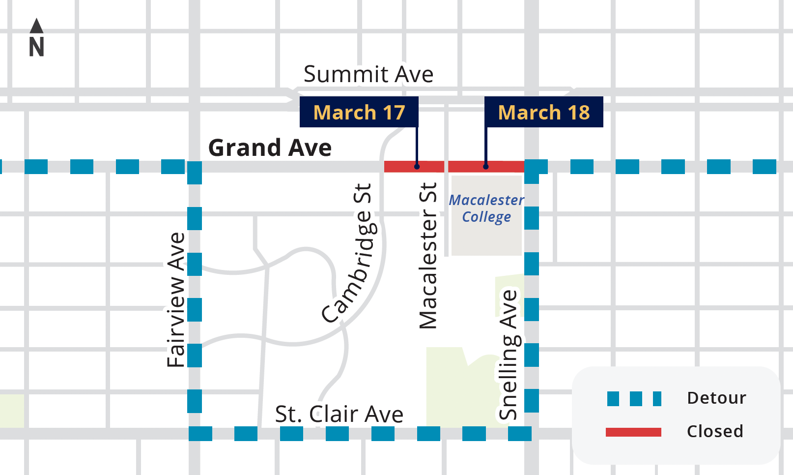 Map showing Grand Avenue detour on March 17 and 18 on Fairview, St Clair, Snelling