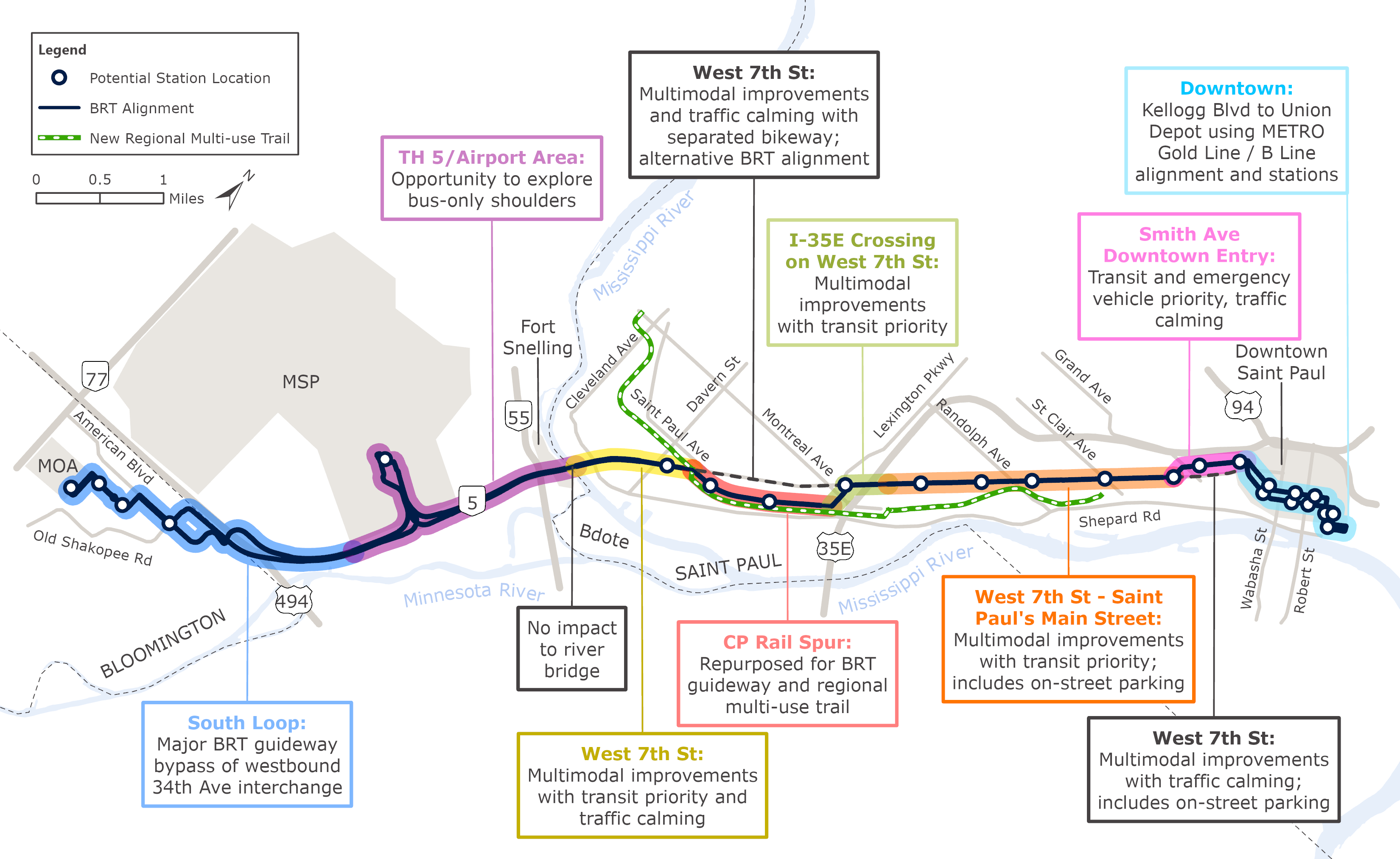 Map showing the New West 7th Corridor concept from downtown Saint Paul to Mall of America with various segments described