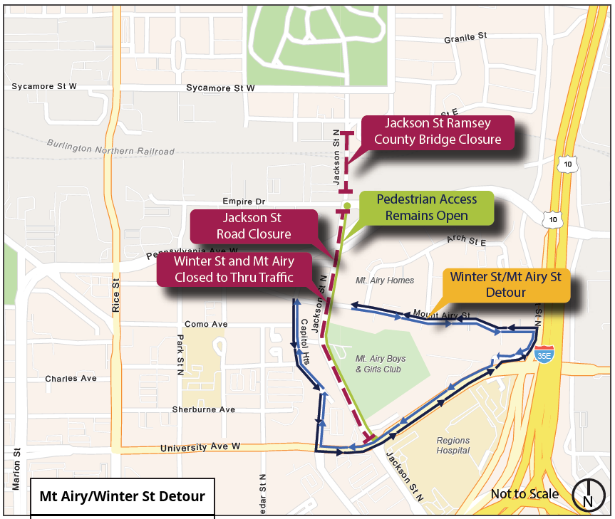 Map showing the detour to Mount Airy/Winter Street while Jackson Street from University Avenue to Pennsylvania Avenue is closed for construction. Detour is L'Orient Street to Mount Airy Street