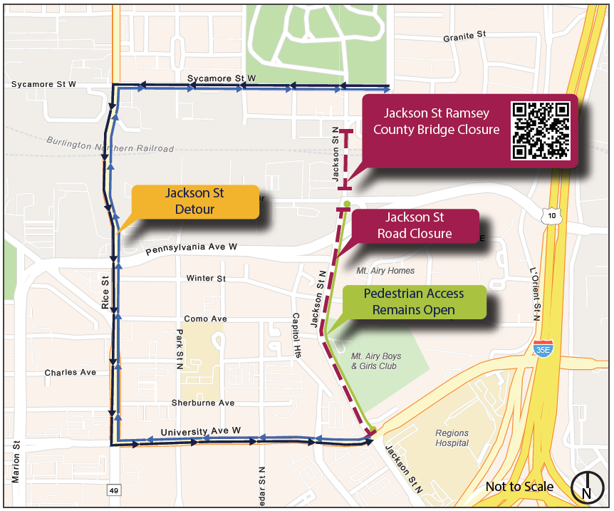 Map showing the detour while Jackson Street from University Avenue to Pennsylvania Avenue is closed for construction. Detour is University Avenue to Rice Street to Sycamore Street